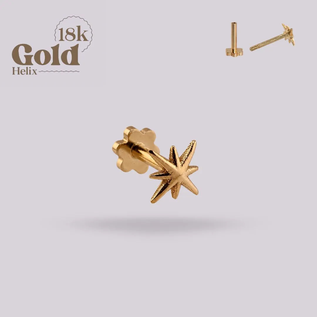 Labret Piercing Oro Sólido 18K Estrella de 8 Puntas