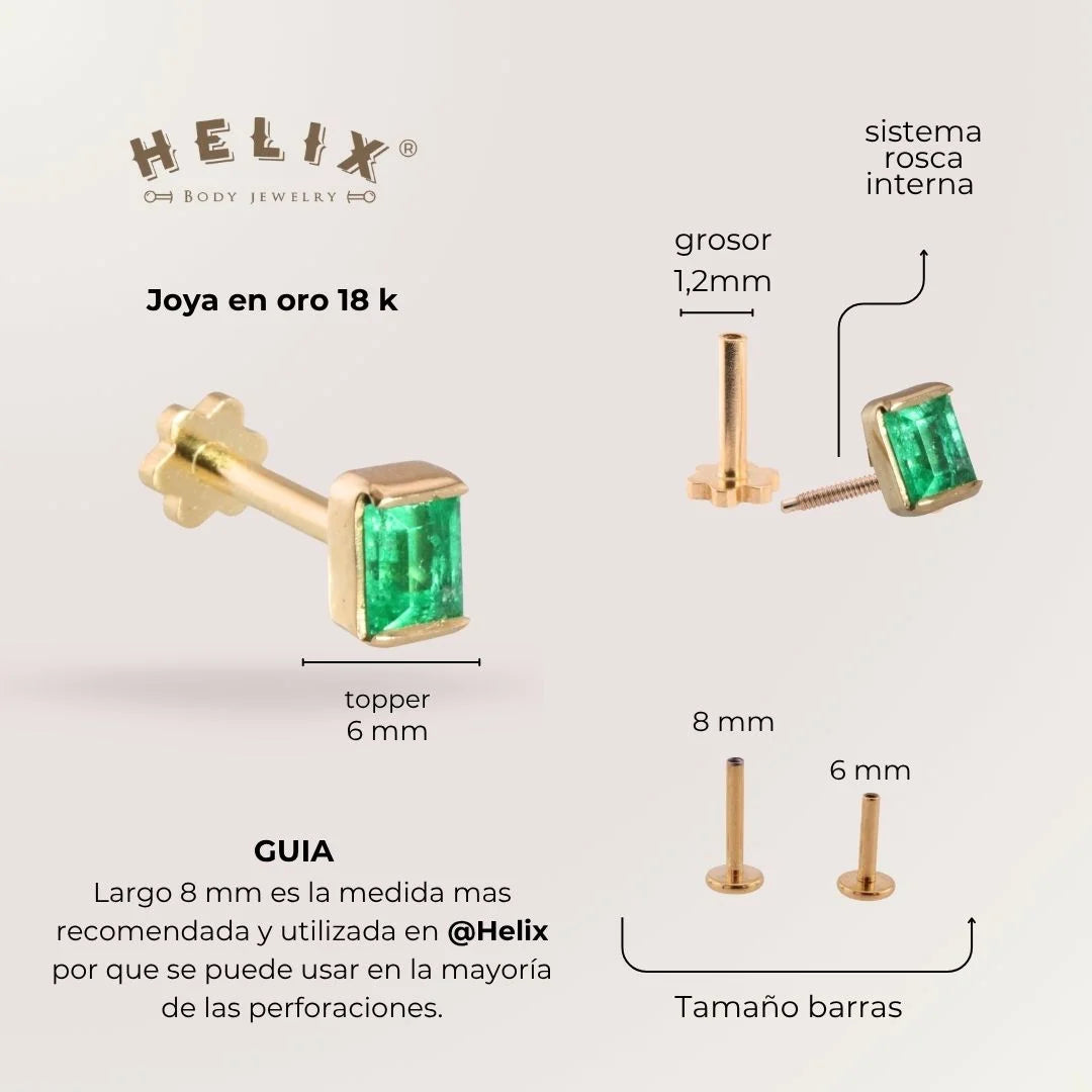 Labret esmeralda rectangular Oro Sólido 18K