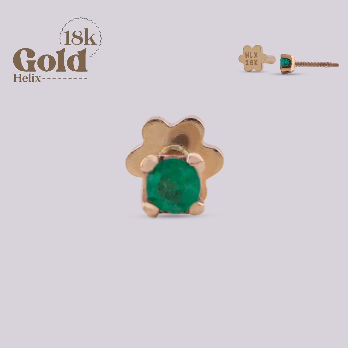 Pendiente labret con esmeralda de 2mm en oro 18K - Helix Body Jewelry - Tienda Online de Piercings