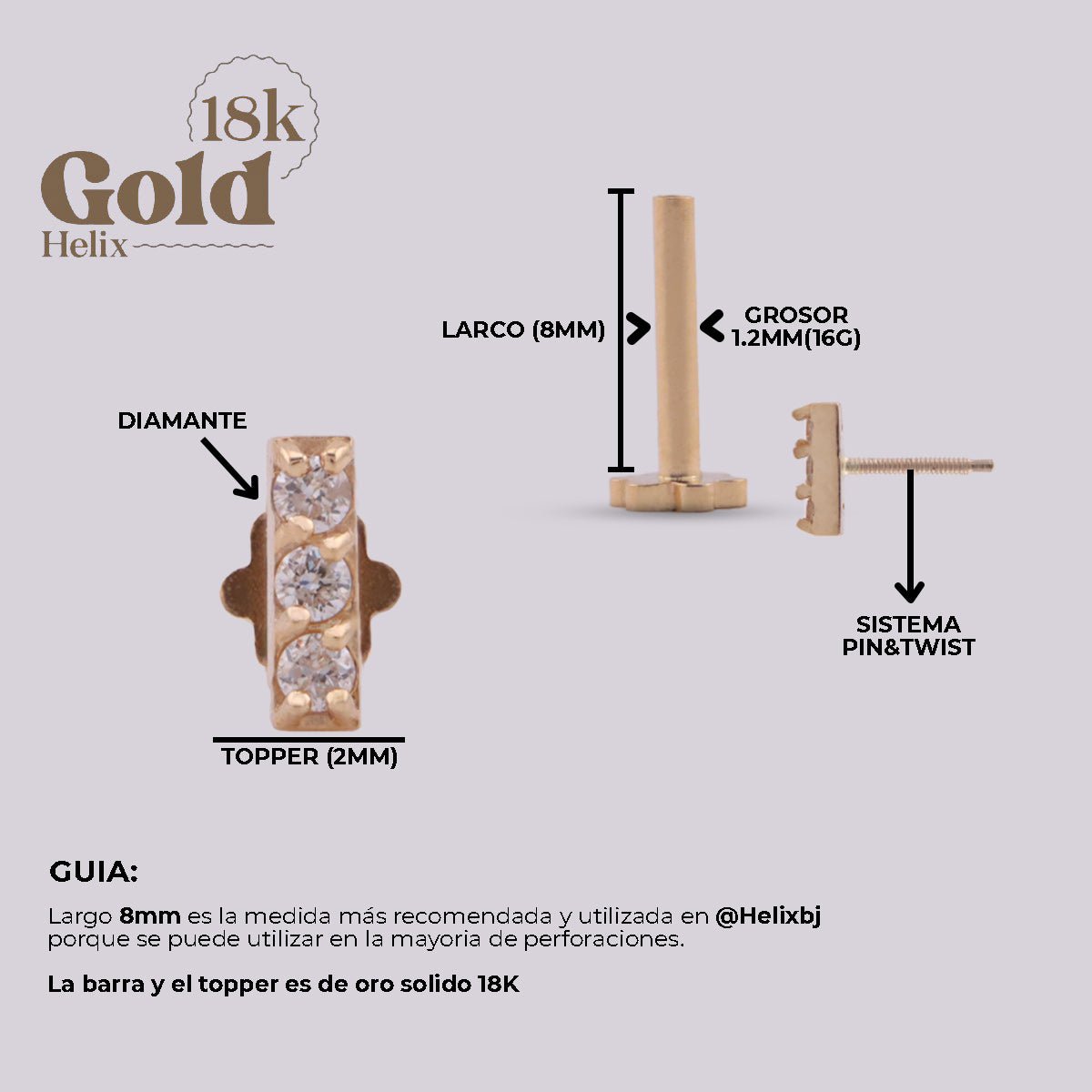 Pendiente Labret rectangular Oro 18K y diamante - Helix Body Jewelry - Tienda Online de Piercings