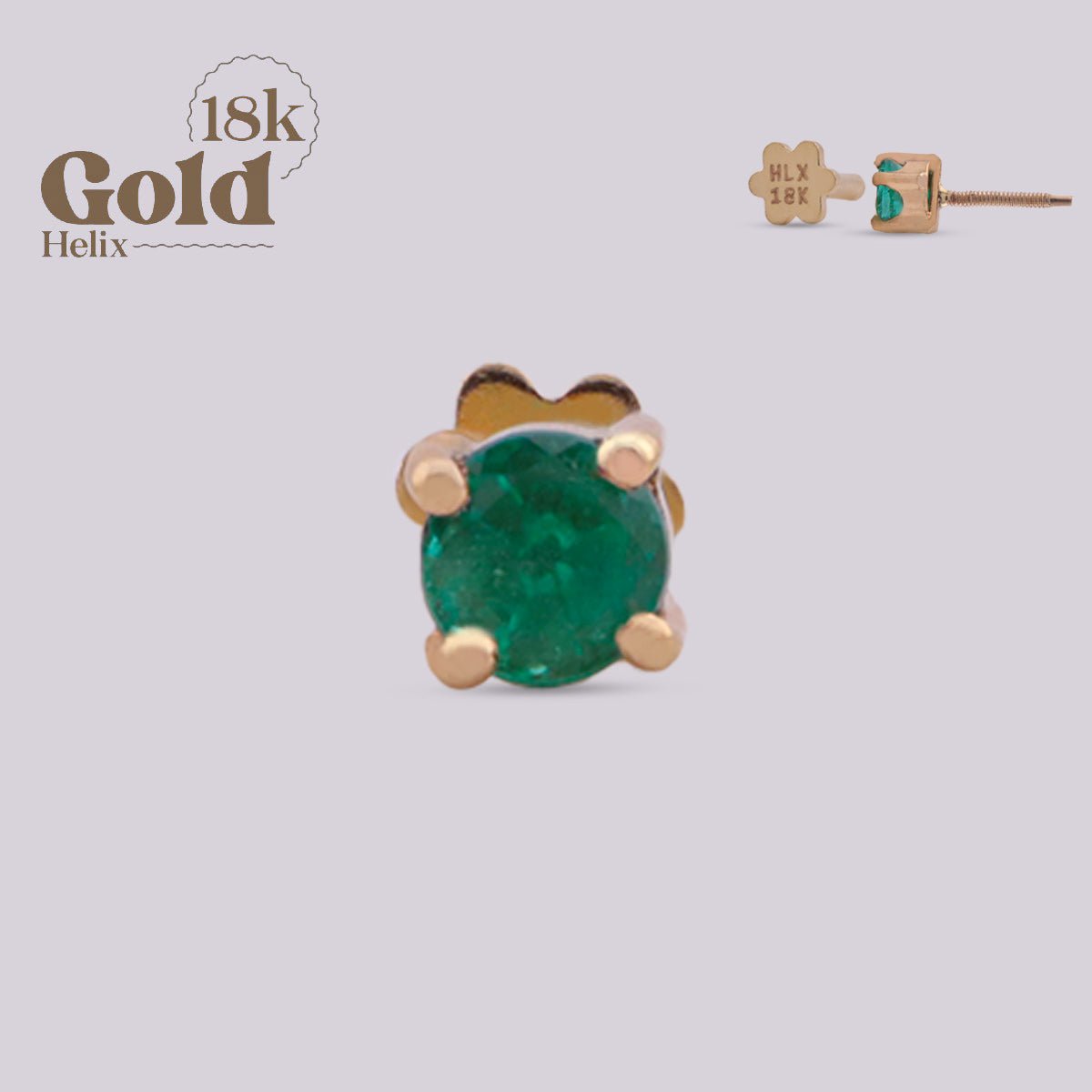 Joya para oreja con esmeralda de 3mm en oro 18K - Helix Body Jewelry - Tienda Online de Piercings