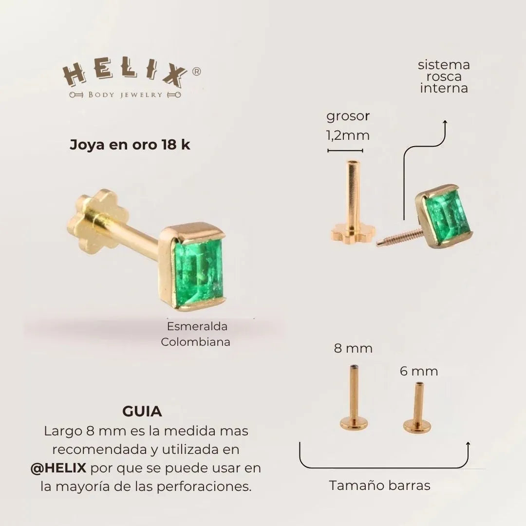 Labret esmeralda rectangular Oro Sólido 18K