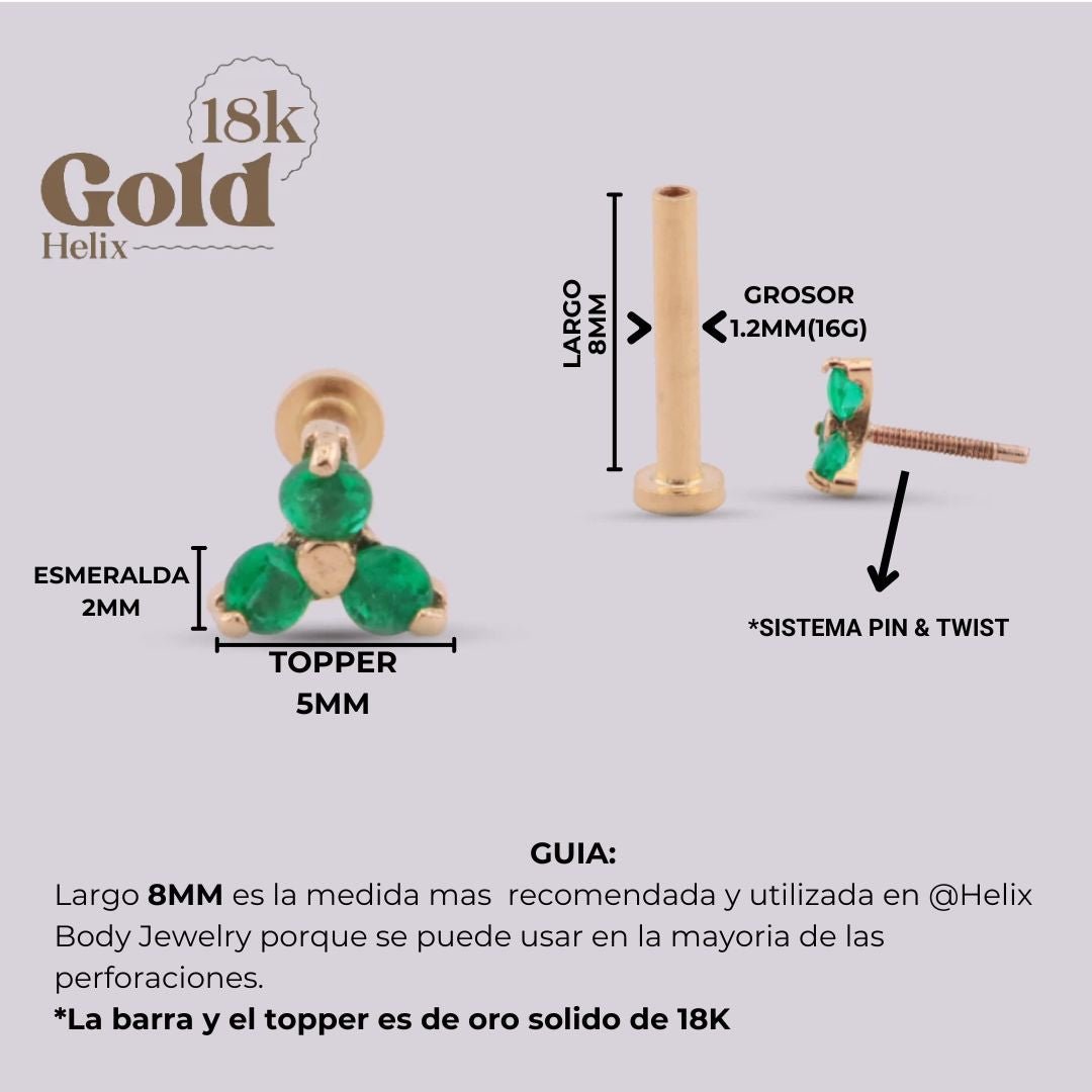 Pendiente con tres incrustaciones de esmeraldas colombianas. - Helix Body Jewelry - Tienda Online de Piercings