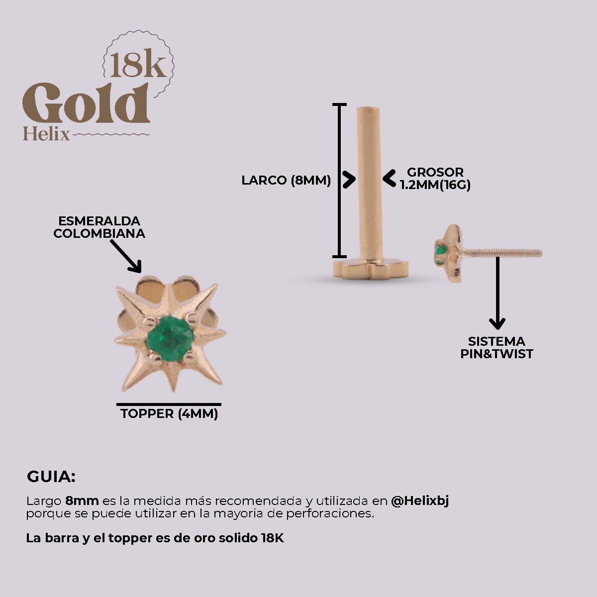 Joya con diseño de estrella en oro y esmeralda colombiana - Helix Body Jewelry - Tienda Online de Piercings