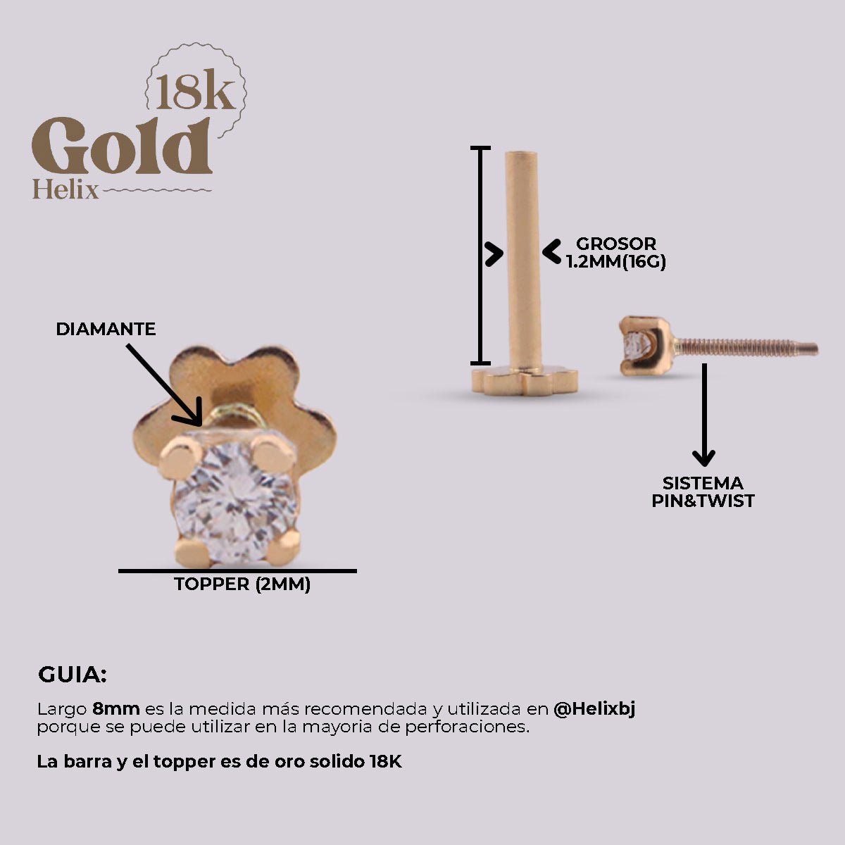 Pendiente para oreja en oro 18K con diamante 2mm - Helix Body Jewelry - Tienda Online de Piercings