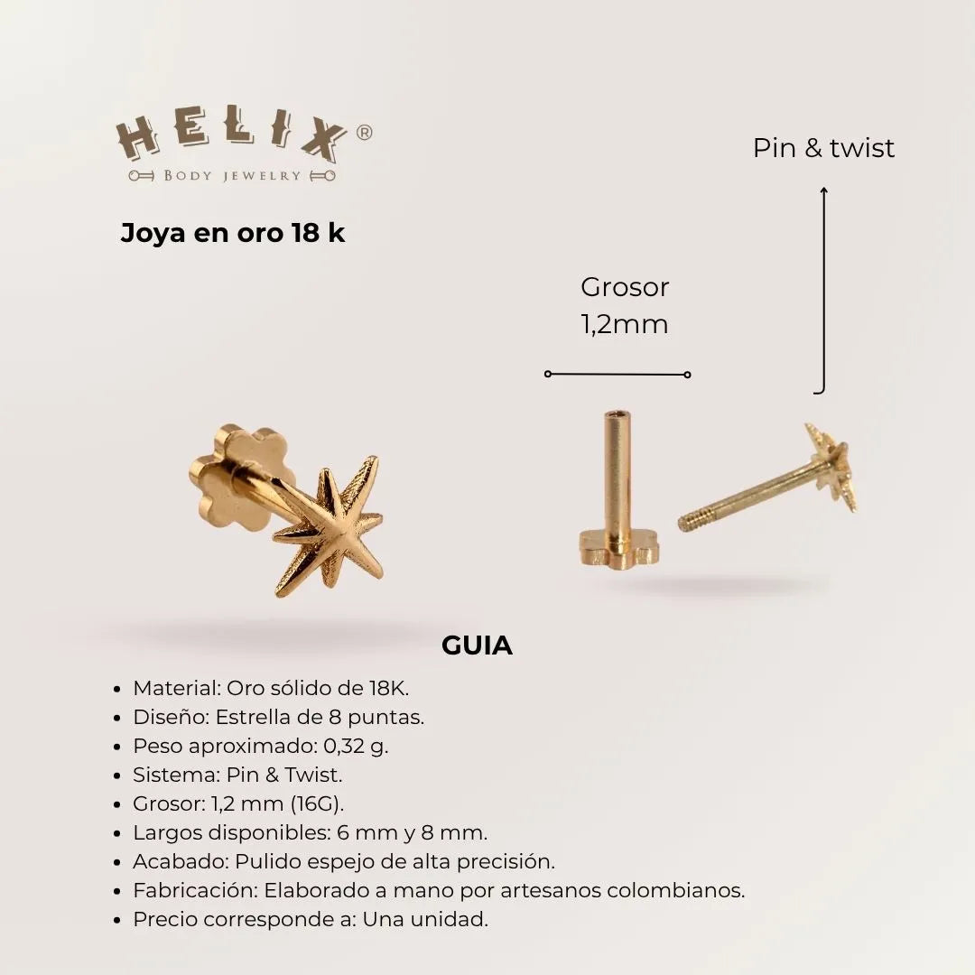 Labret Piercing Oro Sólido 18K Estrella de 8 Puntas