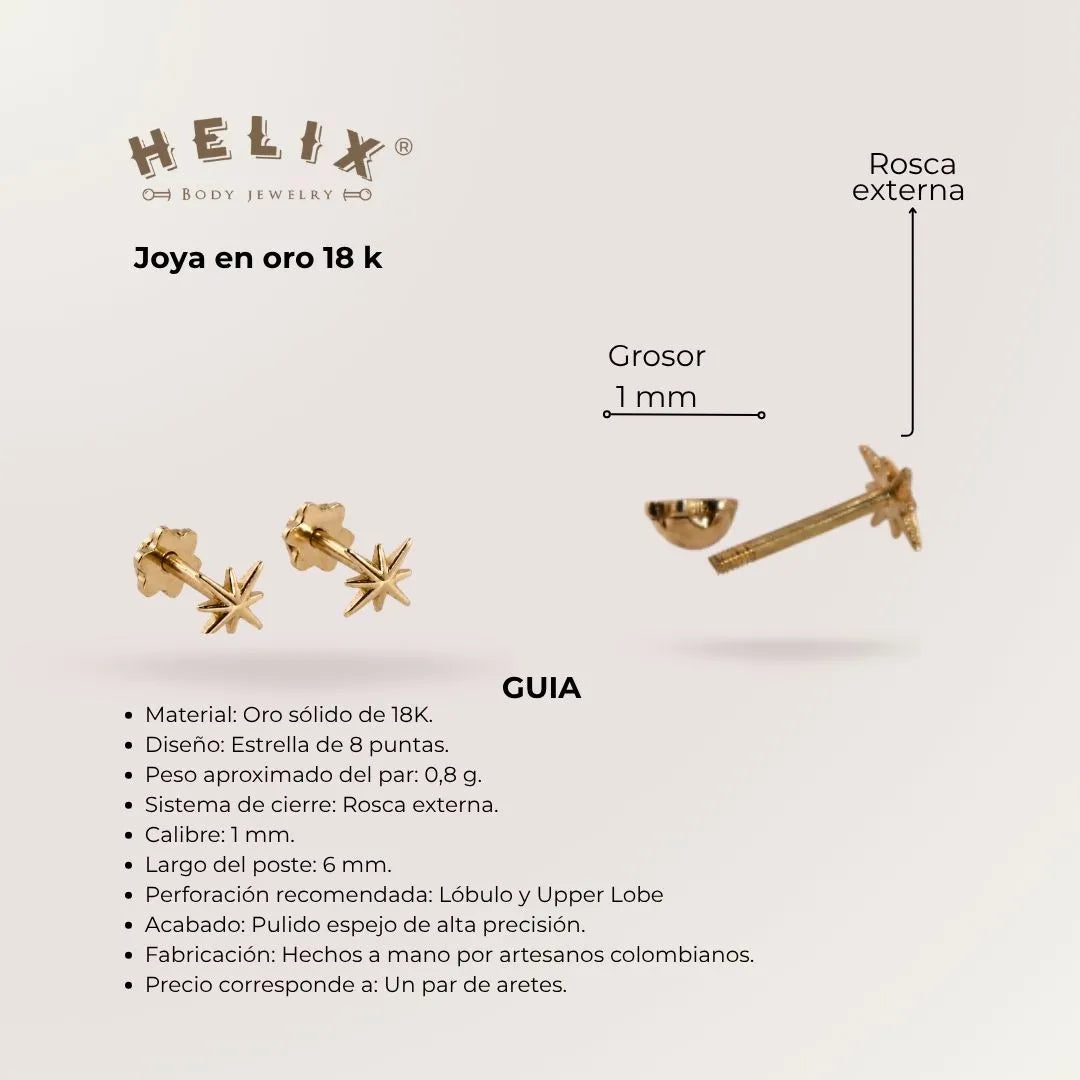 Aretes en Oro Sólido 18K Estrella de 8 Puntas