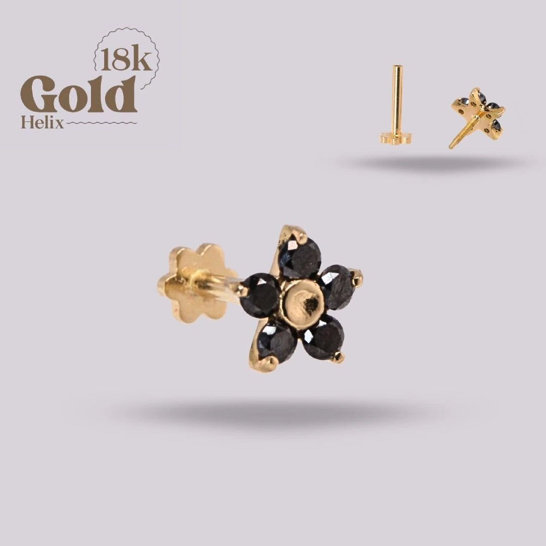 Labret Flor Diamante Negro Oro Sólido 18K