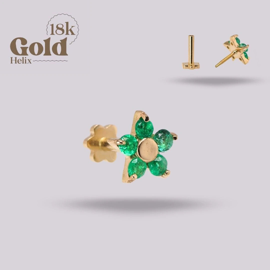 Labret Flor esmeraldas Oro Sólido 18K