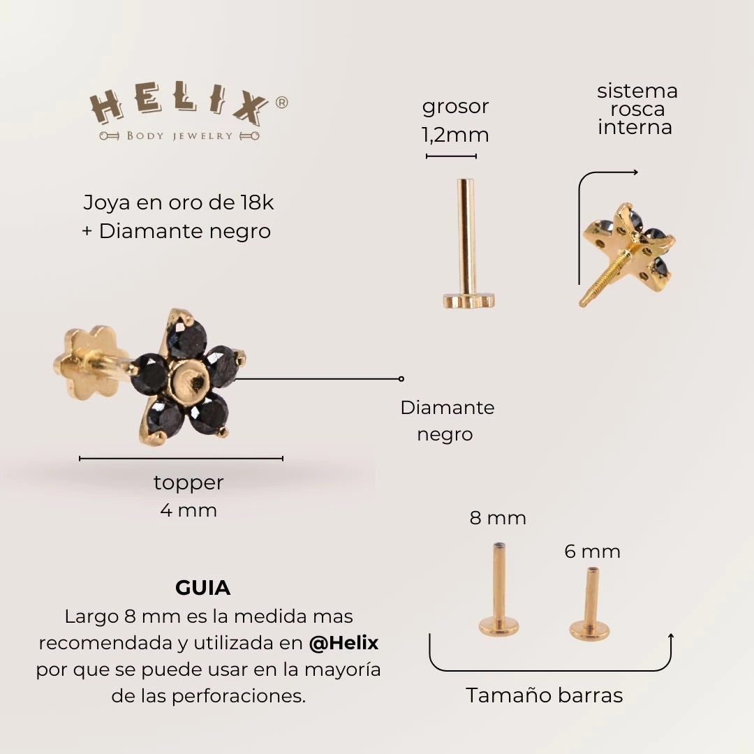 Labret Flor Diamante Negro Oro Sólido 18K