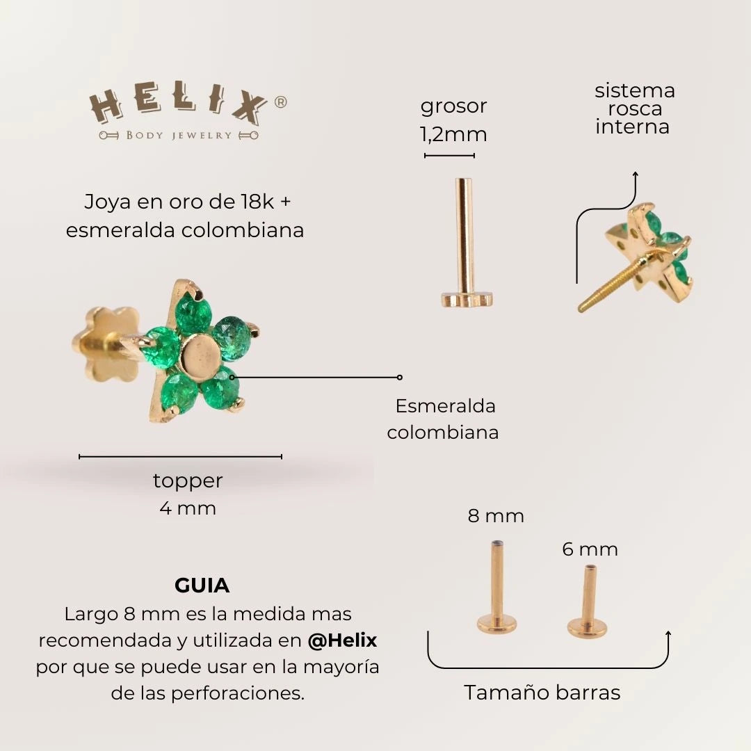 Labret Flor esmeraldas Oro Sólido 18K